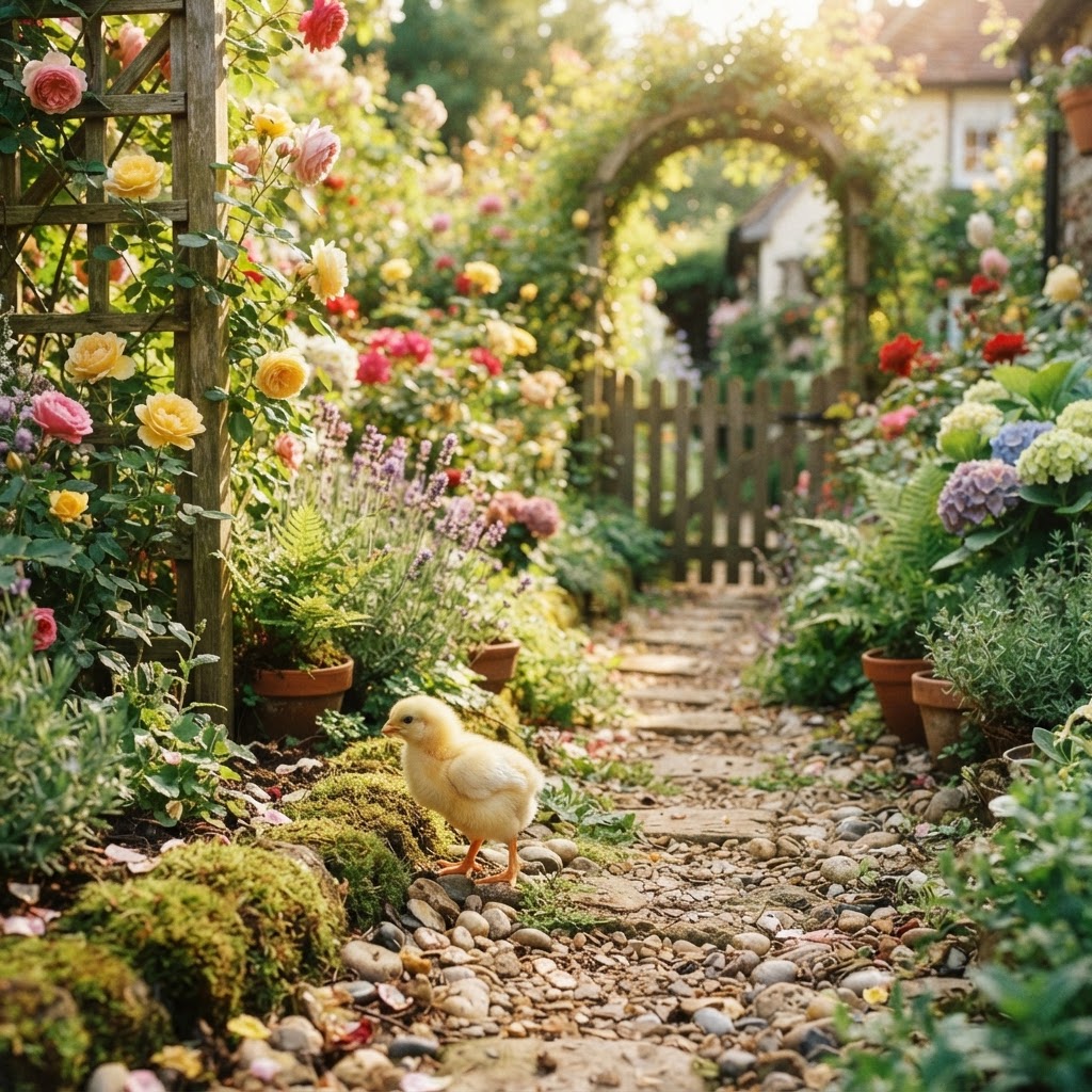 A yellow chick exploring a sunlit garden path